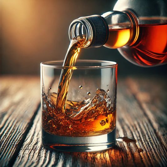 Une bouteille de rhum qui se déverse dans un verre